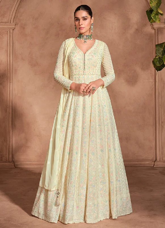 Pastel Yellow Chikankari Embroidery Anarkali Gown