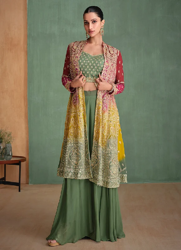 Pink And Green Ombre Embroidered Jacket Style Sharara Suit