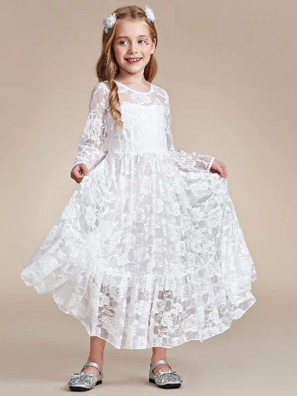 Pure Lace Long-Sleeve Round Neckline Flower Girl Dress