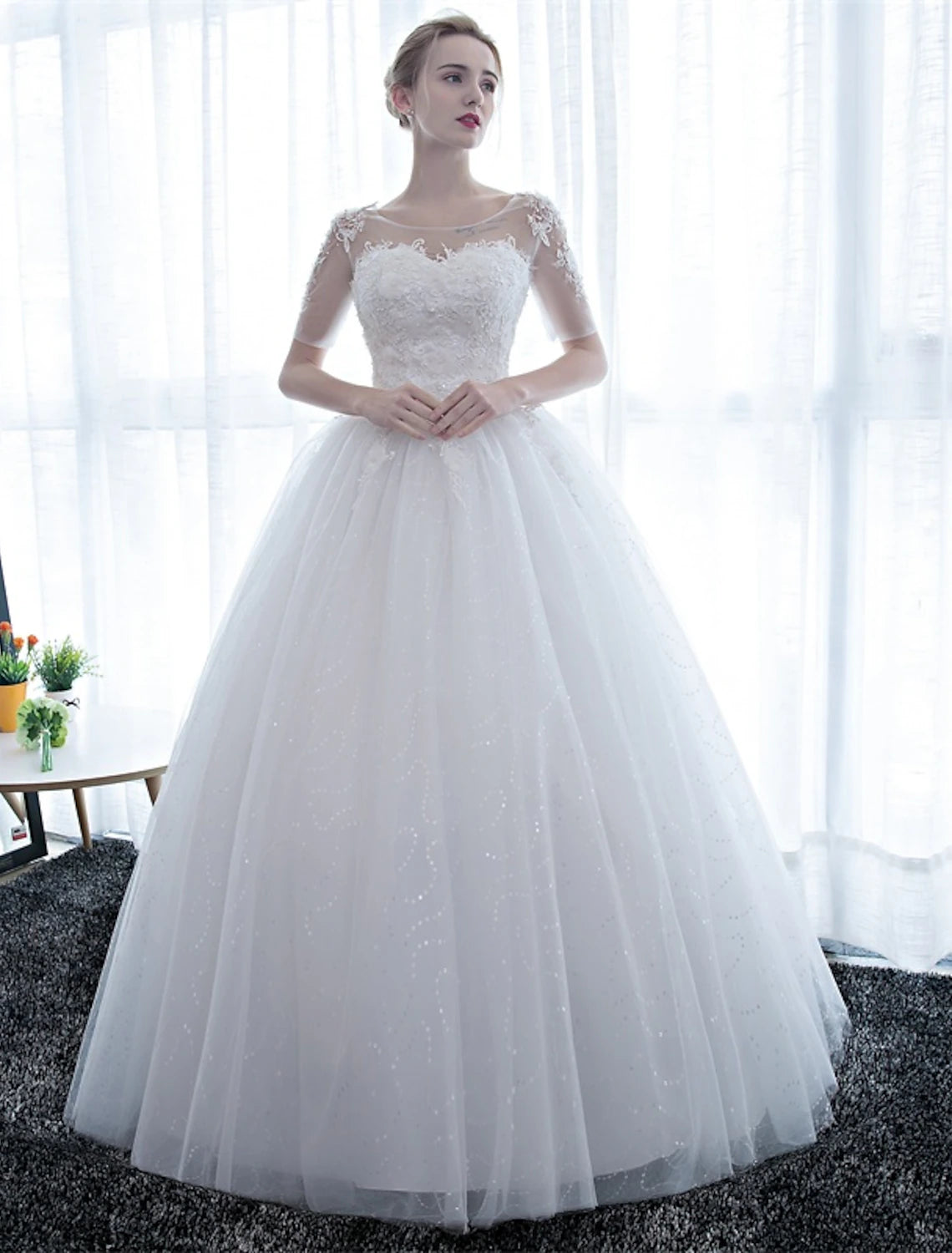 Reception Formal Wedding Dresses Ball Gown Illusion Neck Half Sleeve Floor Length Satin Bridal Gowns With Lace 2023 Summer Wedding Party