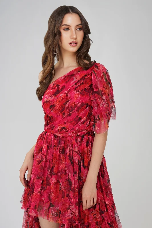 Rowena Red Pink Printed One Shoulder Maxi Dress