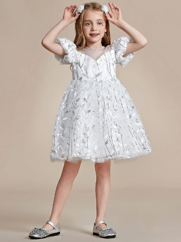 Sparkling Puffy Sleeves Leaf Sequin A-line Flower Girl Dress