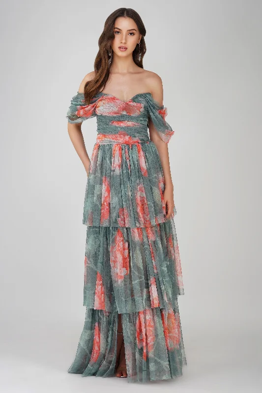 Sydney Tulle Maxi Dress in Sage Green Floral