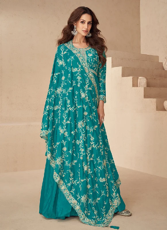 Teal Blue Traditional Embroidery Anarkali Gown Dress