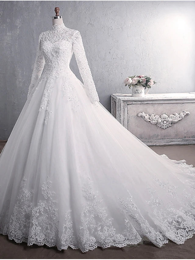 Wedding Dresses Court Train Princess Long Sleeve High Neck Lace With Appliques