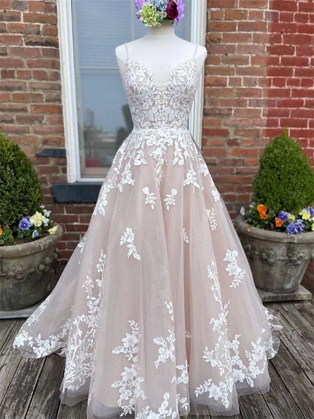 Wedding Dresses in Color Formal Wedding Dresses Chapel Train A-Line Sleeveless Spaghetti Strap Lace With Buttons Appliques