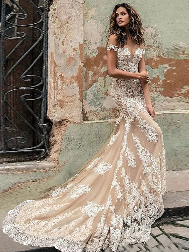 Wedding Dresses in Color Formal Wedding Dresses Trumpet Cap Sleeve Off Shoulder Lace With Appliques