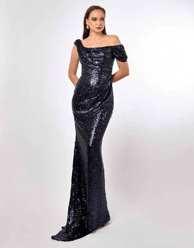 YVIE ONE SHOULDER SEQUIN OVERLAY GOWN B70D19L