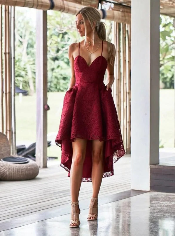 A-Line Spaghetti Straps High Low Red Lace Bridesmaid Dress