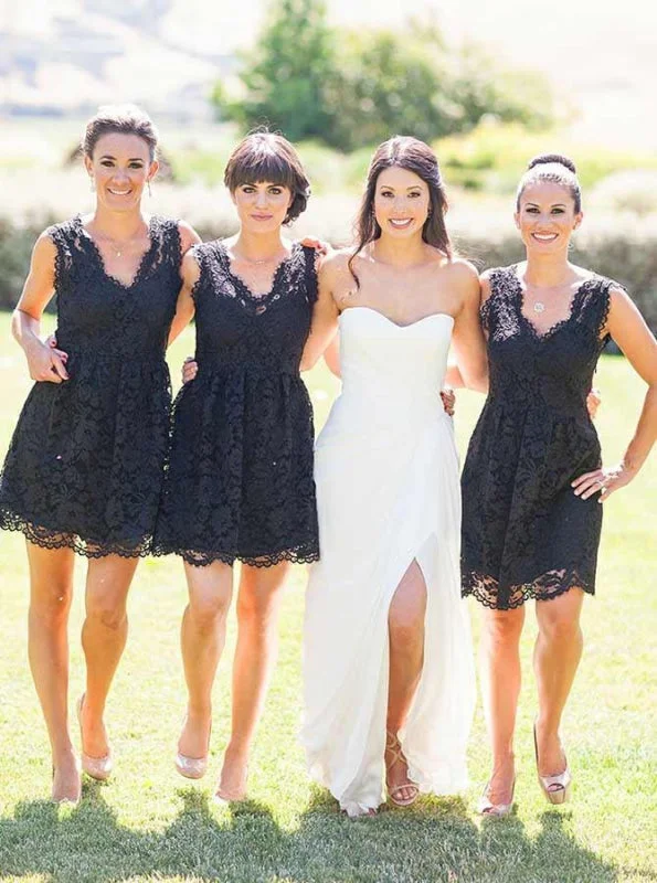 A-Line V-Neck Above Knee Black Lace Bridesmaid Dress