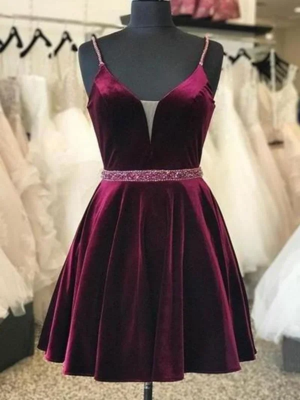 A Line V Neck Beaded Burgundy Velvet Prom Dresses, Burgundy Homecoming Dresses, Short Maroon Formal Evening Dresses with Belt