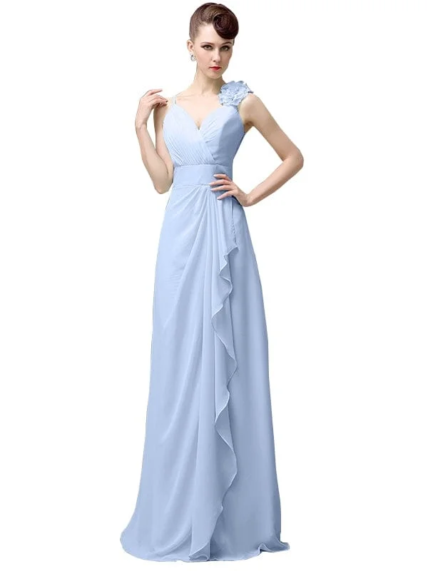 V-neck A-line Simple Chiffon Floor-Length Long Bridesmaid Dresses