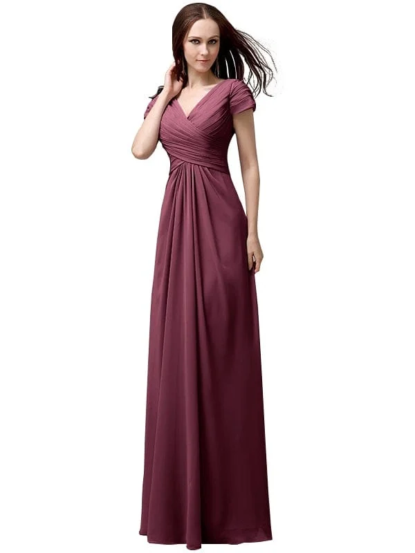 Elegant V-neck Short Sleeves A-line Floor-Length Bridesmaid Dresses