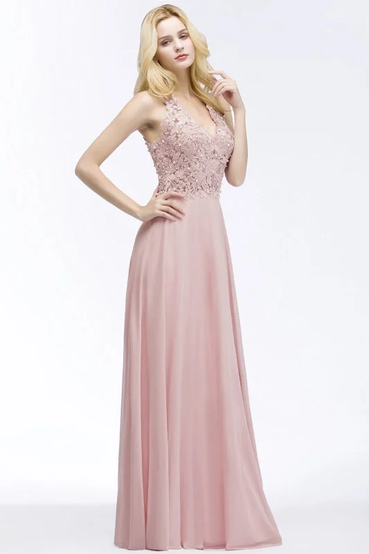 Dusty Rose Evening Dress Lace Chiffon Long Bridesmaid Dresses