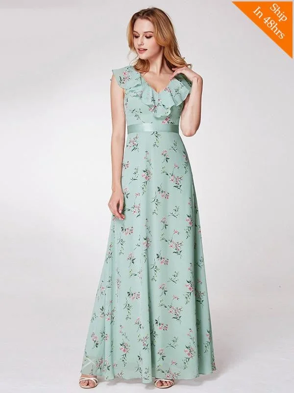 Floral V-neck Ruffles A-Line Bridesmaid Dresses