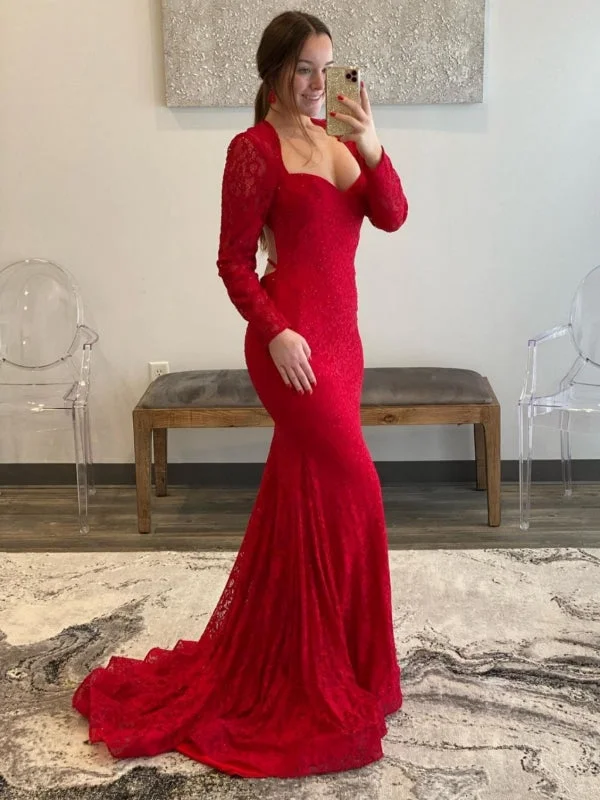 Long Sleeves Mermaid Red Lace Prom Dresses, Long Beaded Red Lace Formal Dresses, Red Evening Dresses