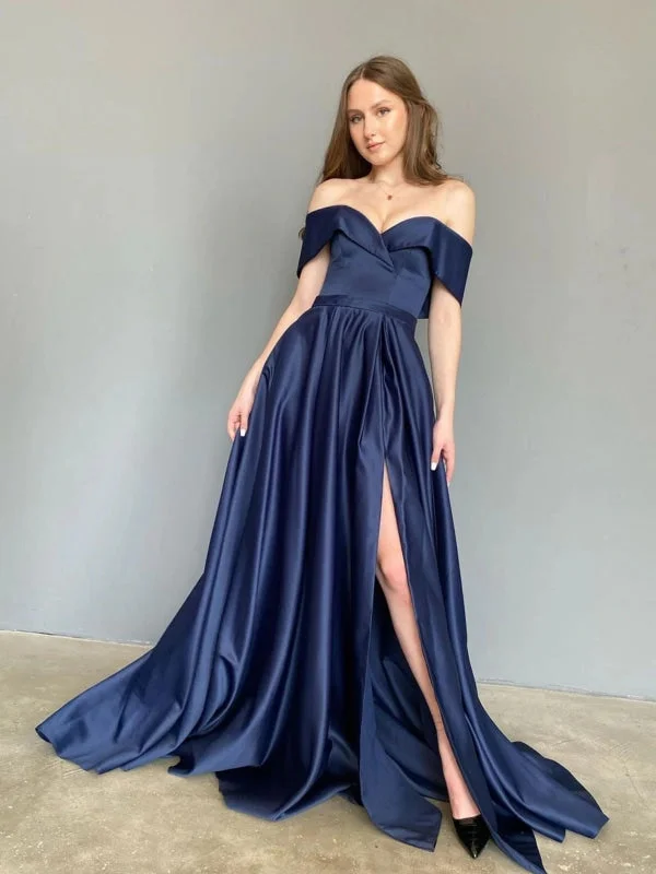 Off Shoulder Blue Satin Long Prom Dresses with High Slit, Long Blue Formal Graduation Evening Dresses