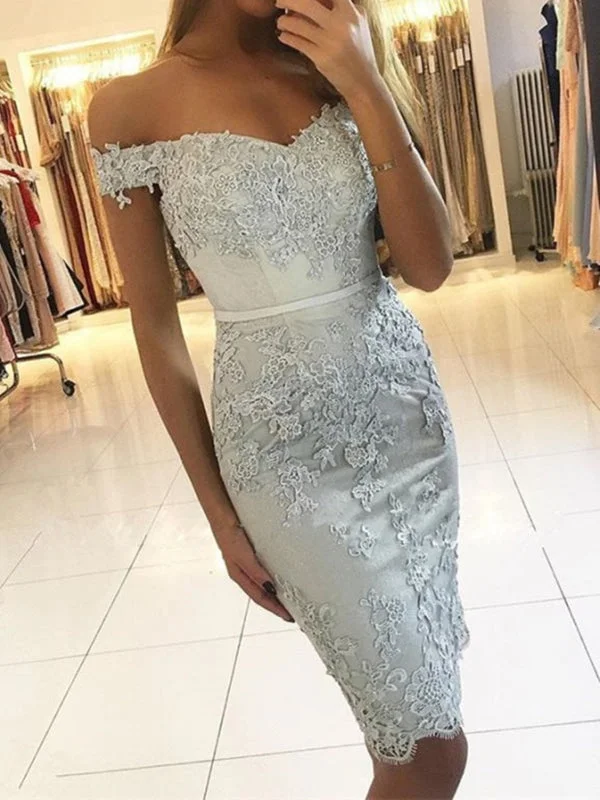 Off Shoulder Mermaid Blue Lace Prom Dresses, Mermaid Blue Homecoming Dresses, Short Blue Formal Evening Dresses