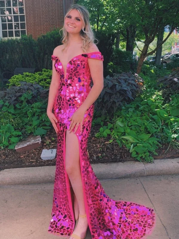 Off Shoulder Pink Sequins Mermaid long Prom Dresses with High Slit, Mermaid Pink Formal Graduation Evening Dresses