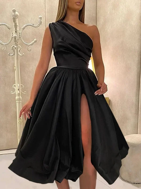 One Shoulder Black/Purple Satin Tea Length Prom Dresses, Black/Purple Homecoming Dresses, Short Black/Purple Formal Evening Dresses