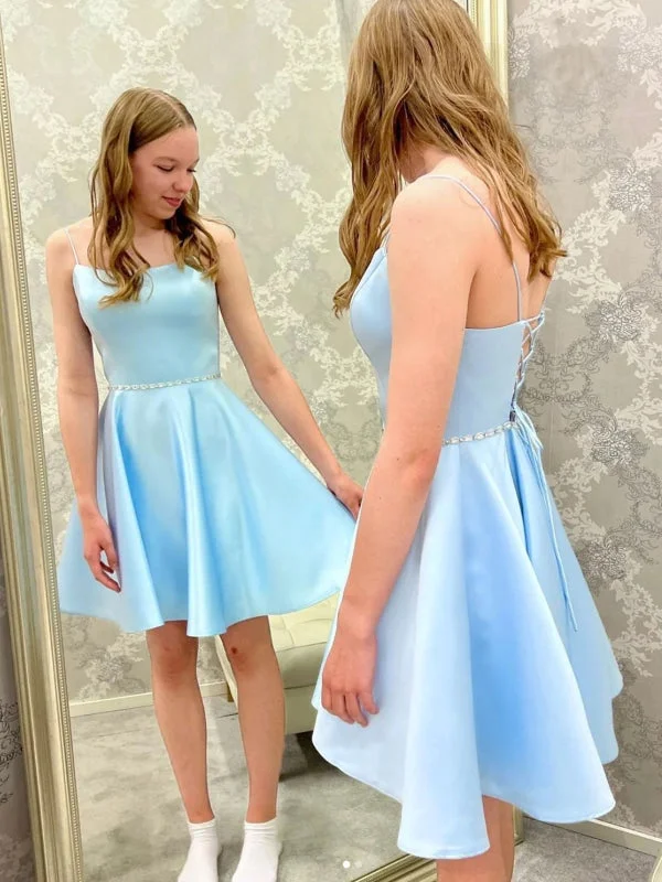 Open Back Light Blue Short Prom Homecoming Dresses with Belt, Light Blue Formal Graduation Evening Dresses