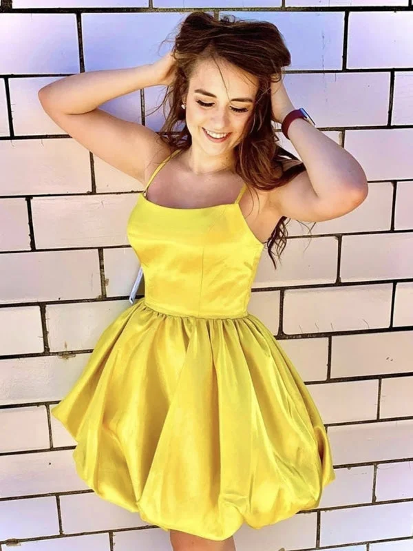 Princess Yellow Satin Short Prom Dresses, Yellow Homecoming Dresses, Short Formal Graduation Evening Dresses