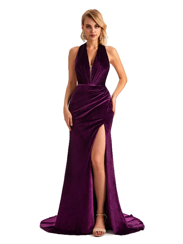 Sexy Mermaid Spaghetti Straps V-Neck Side Slit Velvet Long Maid of Honour Dresses