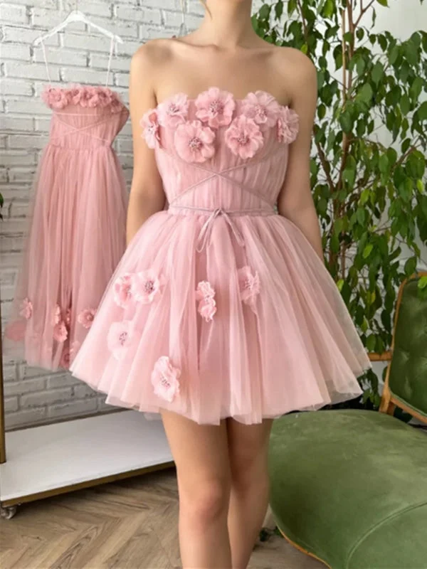 Strapless Short Pink Tulle Prom Dresses with 3D Flowers, Pink Floral Homecoming Dresses, Short Pink Formal Evening Dresses