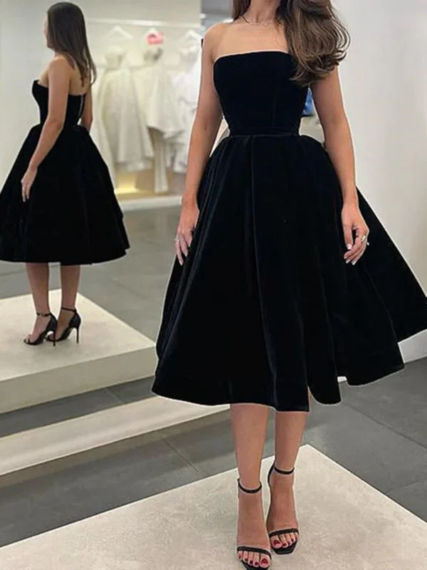 Strapless Tea Length Black Velvet Prom Dresses, Black Velvet Homecoming Dresses, Black Formal Evening Dresses