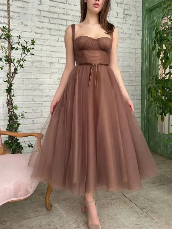 Tea Length Brown Tulle Prom Homecoming Dresses, Brown Formal Graduation Evening Dresses