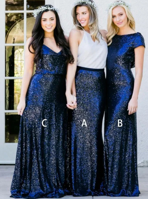 Two Piece Round Neck Navy Blue Sequined Long Bridesmaid Dress