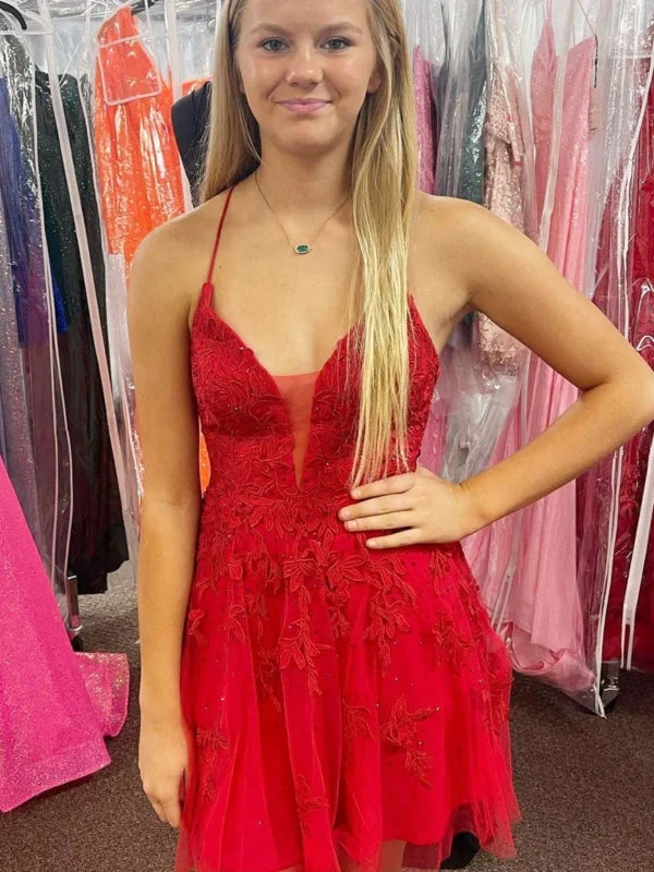 V Neck Backless Red Lace Prom Dresses, Red Lace Homecoming Dresses, Short Red Formal Evening Dresses