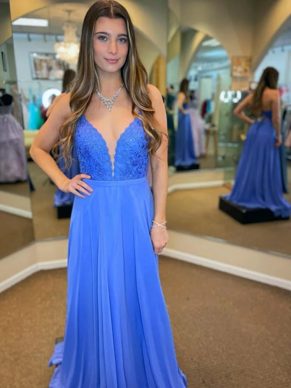 V Neck Open Back Blue Lace Long Prom Dresses, Blue Lace Formal Graduation Evening Dresses