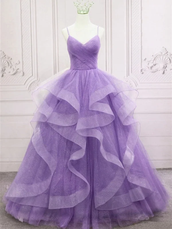 V Neck Open Back Fluffy Purple Tulle Long Prom Dresses, Purple Tulle Formal Evening Dresses, Purple Ball Gown