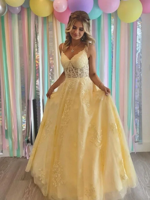 V Neck Open Back Yellow Lace Tulle Long Prom Dresses, Yellow Lace Formal Graduation Evening Dresses