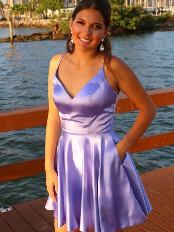 V Neck Short Purple Prom Dresses with Pocket, Lilac Homecoming Dresses, V Neck Purple Formal Graduation Evening Dresses