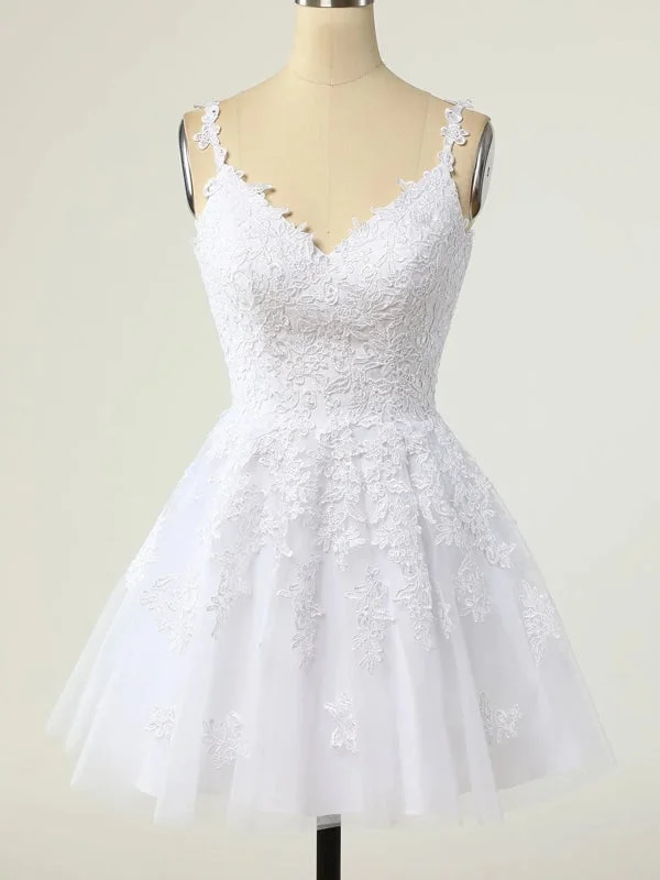 V Neck White Lace Tulle Short Prom Homecoming Dresses, White Lace Formal Graduation Evening Dresses