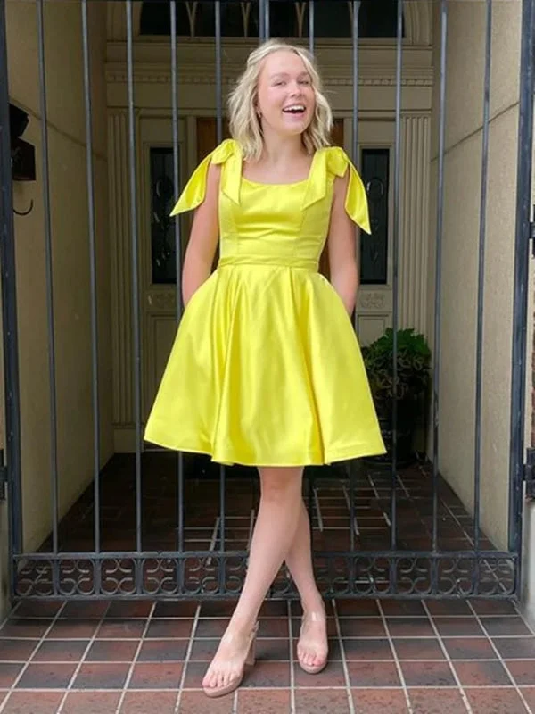 Yellow Satin Short Prom Dresses with Pocket, Short Yellow Homecoming Dresses, Yellow Formal Evening Dresses